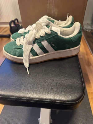 Adidas Campus gröna sneakers - Gröna Adidas Campus sneakers i mocka med vita klassiska stripes och vit sula. Skorna har vita skosnören och Adidas logga på hälen. Använda typ 2/3 ggr storlek 37 1/3 tillkommer extra vita ”tjockare” snören 