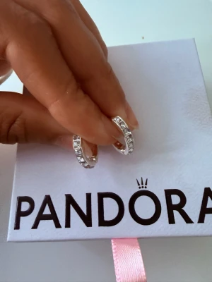 Silver örhängen med stenar  - Säljer ett par snygga silver Örhängena. fyrkantiga stenar runt hela ringen som ger ett lyxigt intryck. Perfekta för dig som gillar stilrena och glittriga accessoarer.