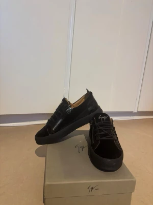 Svarta sneakers från Giuseppe Zanotti - Snygga svarta sneakers från Giuseppe Zanotti med signaturlogga på plösen, dragkedjor på sidorna och svarta snören. Skorna har en chunky sula och är tillverkade i mocka och läder för en lyxig känsla. Perfekta för dig som vill sticka ut med stil.