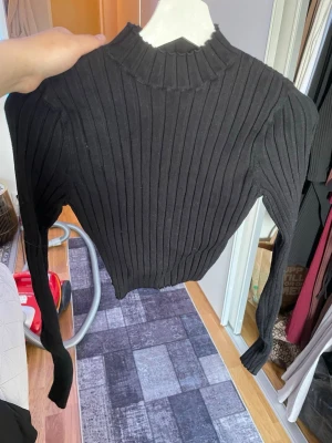 Svart ribbstickad tröja med hög krage - Säljer en svart ribbstickad tröja med lång ärm och hög krage. Tröjan har en tight passform och är tillverkad i ett stretchigt material som sitter snyggt på kroppen. Perfekt att matcha med jeans eller kjol för en stilren look.