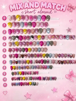 Mix and Match press-on naglar, short almond - 💅 MIX & MATCH – Skapa ditt eget set 💅  Välj 10 valfria naglar från bilderna för att skapa ditt egna custom set ✨  Så här gör du:  1. Välj totalt 10 naglar   2. Skicka screenshot med inringade naglar   3. Jag sätter ihop ditt personliga set 💌  ♡ Alla naglar är handgjorda   ♡ Prep kit ingår   ♡ Återanvändbara med rätt applicering    Obs: Detta är för 10 enskilda naglar som tillsammans blir ett komplett set. Du kan mixa hur du vill mellan bilderna 🎀