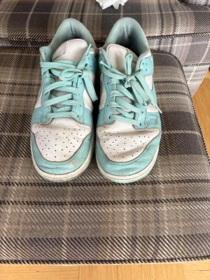 Nike Dunk Low turkos och vita sneakers - Nike Dunk Low sneakers i en fräsch turkos och vit färgkombination. Skorna har klassisk låg siluett, perforerad tåbox och ikoniska swoosh-loggan på sidan. Tillverkade i läder med matchande turkosa skosnören och vit sula. Perfekta för dig som gillar streetwear och sportig stil.
