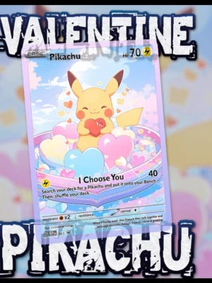 Pokémonkort Pikachu Valentines Card - Unikt Pokémonkort med Pikachu i ett gulligt Valentine-tema. Kortet har pastellfärger, hjärtan och motivet visar Pikachu som håller ett rött hjärta. Texten 'I Choose You' finns på kortet. Perfekt för samlare eller fans av Pokémon.