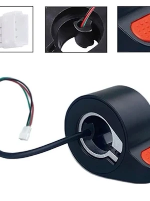 Accelerator, gas knapp - Elektrisk tumgas i svart plast med röd knapp och kabel med kontakt. Passar till elscooter eller elcykel för att styra hastigheten. Enkel att montera på styret och koppla in med tretrådsanslutning. Den är helt ny, köpt fel produkt. Funkar för M635, XIAOMI 2 pro/ pro 2 scoter och annat.