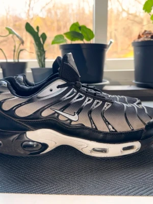 Nike Air Max Plus svart/vit - Nike Air Max Plus sneakers i svart och vitt med ikoniska vågformade detaljer och synlig Air-dämpning i sulan. Ovandelen är i mesh och syntetmaterial, med vita och svarta kontraster samt en liten vit Swoosh på sidan. Klassisk streetwear-look med snörning och vadderad plös.