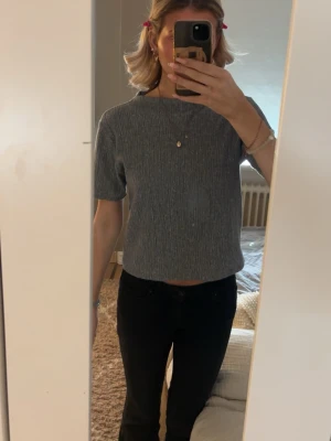 Grå ribbad topp med kort ärm - Jätte skön och mjuk grå ribbad topp med korta ärmar och rund halsringning från Zara. Helt oanvänd. Skriv om ni har frågor💕