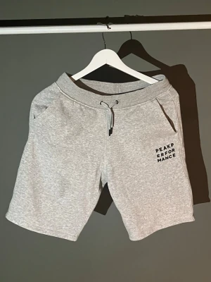 Grå shorts från Peak Performance - Snygga grå shorts från Peak Performance med snörning i midjan och två sidofickor. Tillverkade i mjuk bomullsmix och har logga tryckt på vänster ben. Perfekta för chill dagar eller träning.
