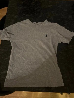 Grå t-shirt från Polo Ralph Lauren - Klassisk grå t-shirt från Polo Ralph Lauren med liten mörkblå logga broderad på bröstet. T-shirten har rund halsringning och korta ärmar. Perfekt basplagg i mjuk bomull som funkar till allt. Tröjan passar xs eller liten xs, skriv för mer frågor eller bilder!