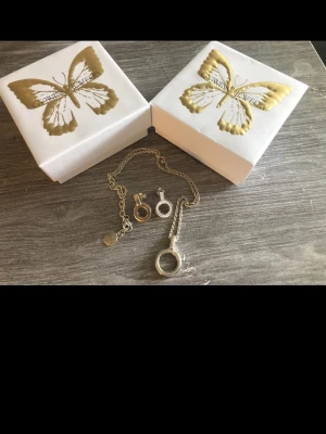 Carolina Gynning halsband& örhängen ”Strength” - Säljer ett stilrent halsband från Carolina  Gynning i silver med ett runt cirkelhänge och matchande örhängen ”strength”Kedjan är tunn och har en liten bricka med gravyr. Kommer i originalförpackning med guldfärgad fjäril på locket.