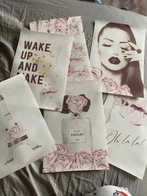 Set med rosa posters med Paris-tema - Säljer ett set med sex posters i vitt och rosa med motiv som parfymflaska, Eiffeltornet, läppar, blommor och text som 'Wake up and make' och 'Oh la la!'. Perfekt för att skapa en chic och trendig vägg. Materialet är papper och motiven har inslag av guld och pastell.