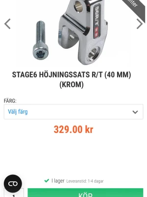 Stage6 Höjningssats R/T 40 mm krom - Säljer en höjningssats från Stage6, modell R/T 40 mm i kromat metall. Satsen innehåller en robust höjningsdel och en bult, perfekt för dig som vill justera höjden på din moped eller scooter. Snygg kromad finish och tydlig Stage6-logga på sidan. Helt ny