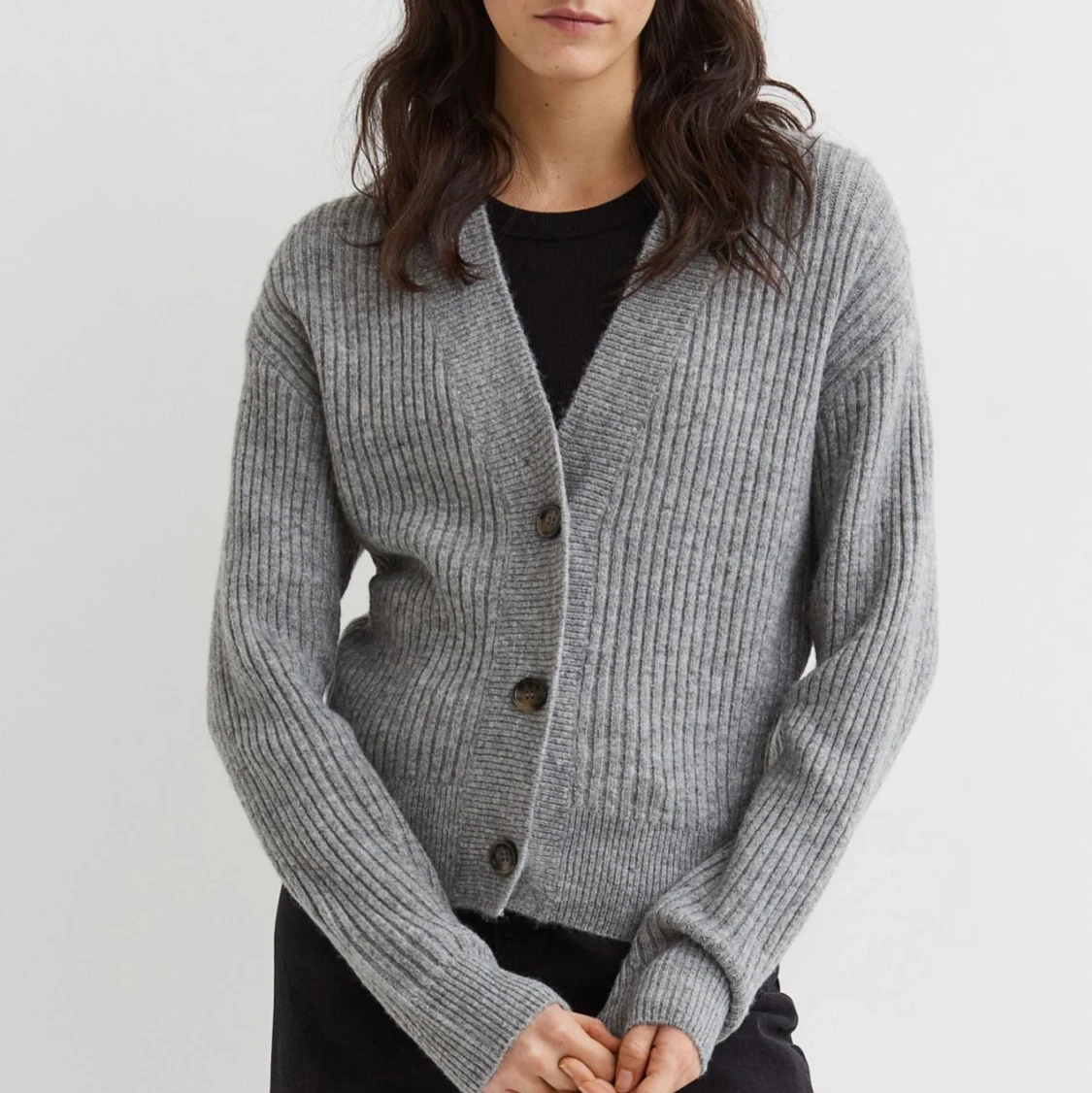 HM V-ringad Kofta Ribbstickad Grå - 91