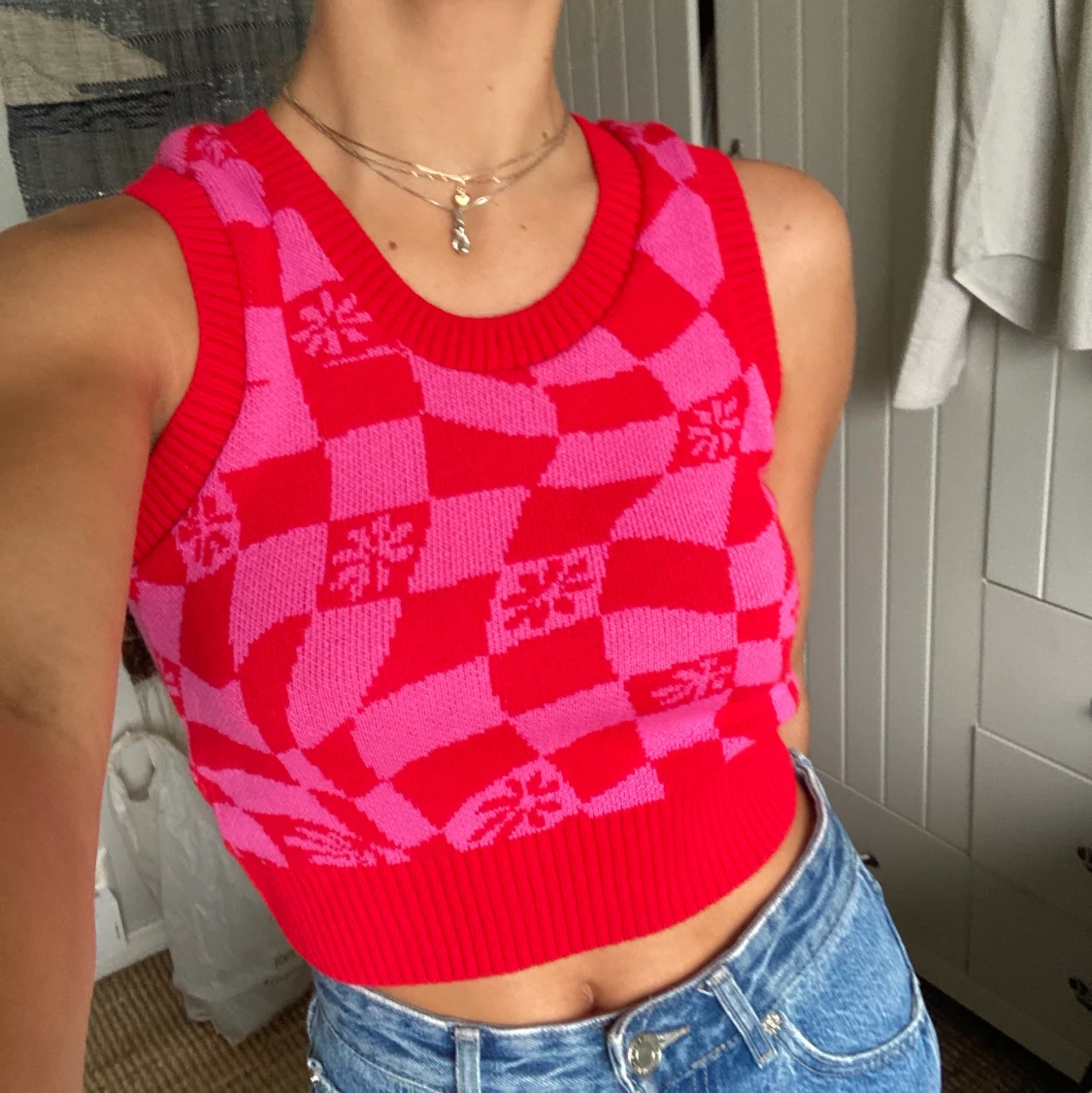 Stickad Rutig armlös top/linne