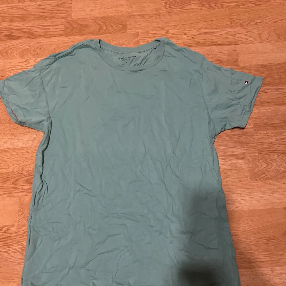 Säljer denna gröna Tommy hilfiger t-shirt då den inte kommer till andvändning längre. Det står strl s men den är rätt så stor i storleken så den skulle nog passa en m oxå. . T-paidat.