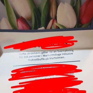 Övernattning för 2 personer  - 2 biljetter till Marhomstuga frukost ingår. Jag vann biljetterna men kan tyvärr inte åka. Pris kan diskuteras giltig till 30/12/2023 