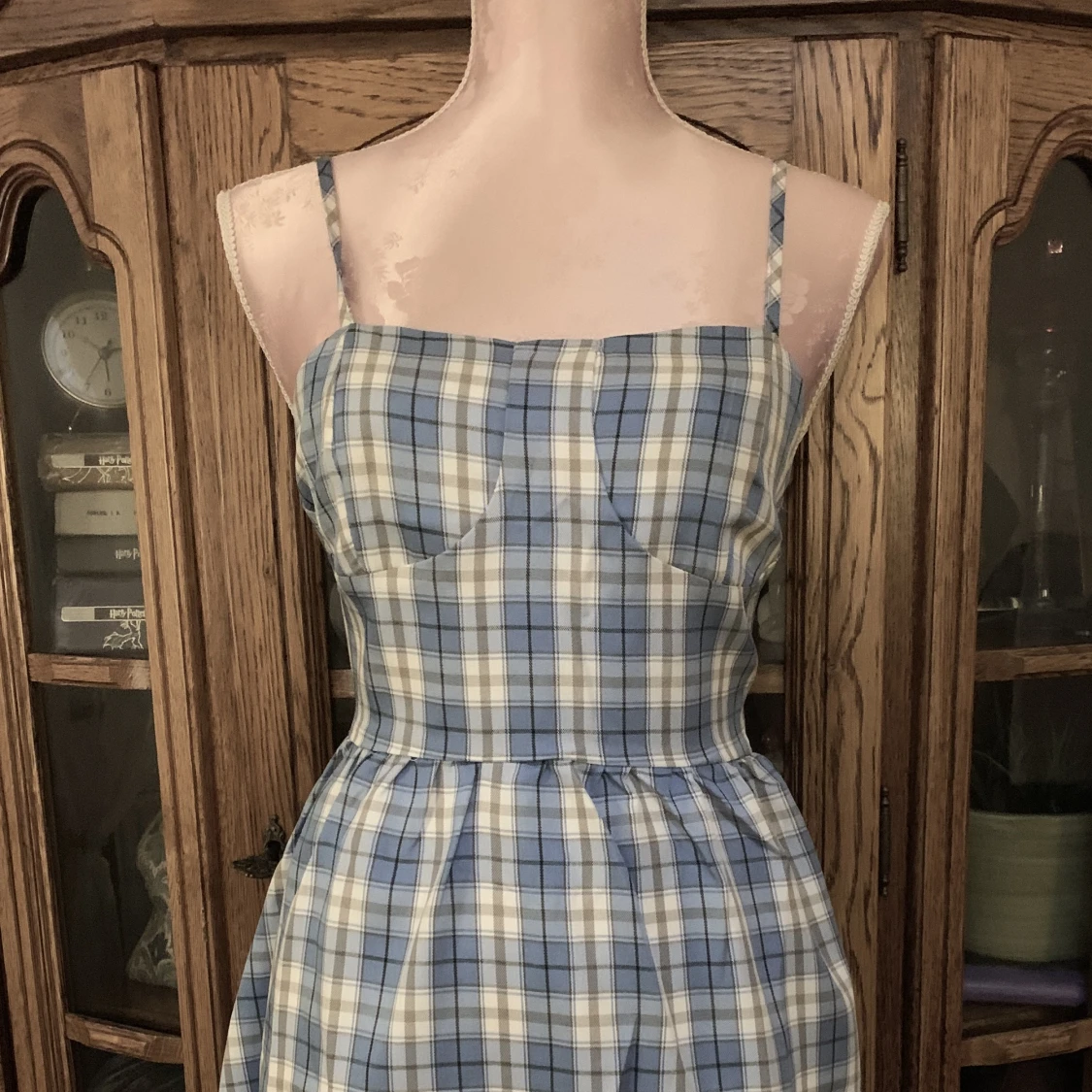 Blå/beige rutig mini klänning 