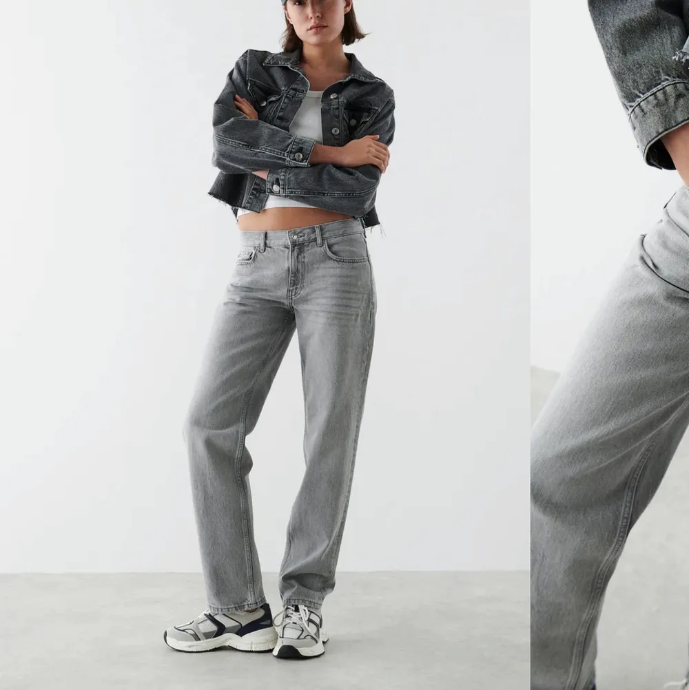 SÖKER! Dessa low waist gråa jeans från Gina i storlek 34. Skriv om ni kan sälja !. Jeans & Byxor.