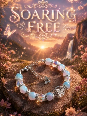 Soaring🦋Free Armband - Magiskt armband med skimrande blårosa pärlor och gnistrande kristallpärlor. Armbandet har silverfärgade detaljer och en vacker fjärilsberlock samt en liten fjäril vid kedjans avslut. Perfekt för dig som älskar drömmiga accessoarer.