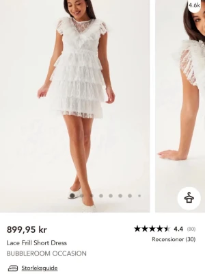 Vit spetsklänning med volanger från bubbleroom  - Söt vit klänning med spetsvolanger från bubbleroom. Figursydd midja. Knäpps baktill med pärlknappar(se bild). Använts en gång på en skolavslutning 💖
