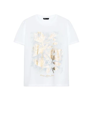 Vit t-shirt med guldfolierat blommotiv -  t shirt från zara med prislappen kvar, snyggt blommigt motiv med lite skuggning bakom som är blå/grå😇