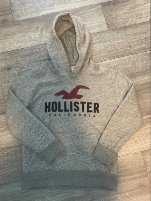 Grå hoodie från Hollister XS - Säljer en grå hoodie från Hollister med stor logga och röd fågel på bröstet. Hoodien har huva, ribbade muddar och magficka. Tillverkad i mjukt sweatshirtmaterial som är perfekt för chill dagar.