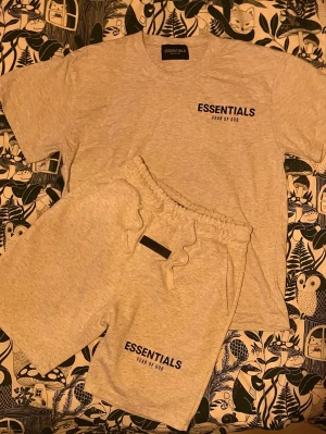 Essentials Fear of God grått set - Säljer ett grått set från Essentials Fear of God med t-shirt och shorts. Båda plaggen har svart logga tryckt fram och bak på t-shirten, fina shorts med liten svart ”essentials” detalj i mitten av shortsen. Materialet är mjukt och bekvämt, perfekt för chill dagar. T-shirten har rund hals och shortsen är perfekta för feta olika klädes plagg!