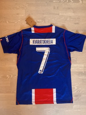 PSG 26/27 T-shirt ( Kvaratskhelia #7 ) - Tja! Säljer en jättesnygg 26/27 PSG T-shirt Hemmaställ med Kvaratskhelia #7 på ryggen.                                                                             Storleken är M och måtten finns på sista bilderna 📐.    Den är aldrig använd, så skicket är helt nytt.                    Priset kan diskuteras och skickar inom 24 Tim 💨☺️