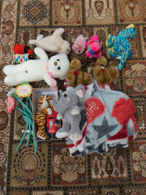 Paket med mix av gosedjur, filt, strumpor och förvaringsobjekt - Tiger matchande till elefanten. Söt grå elefant som gosedjur med stora, bruna ögon och vita detaljer på fötter, betar och insidan av öronen. Mjuk och fluffig, perfekt att krama eller ha som dekoration i rummet. Passar både som present eller till samlingen. En amerikansk markerad filt, ca 170 cm lång, kortsidan ca 180 cm. Gosedjur i form av en kanin, sköldpadda, säl samt två jul älgar som är lika dana. Skriv för fler bilder då 7 är max antal. Det som inte ingår är filten och dinosaurien!! 