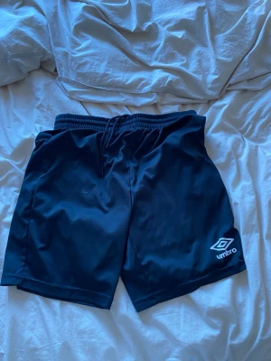 Svarta träningsshorts från Umbro - Säljer ett par svarta träningsshorts från Umbro med elastisk midja och snörning. Shortsen har en sportig look och är tillverkade i ett lätt och snabbtorkande syntetmaterial. Perfekta för träning eller fotboll.