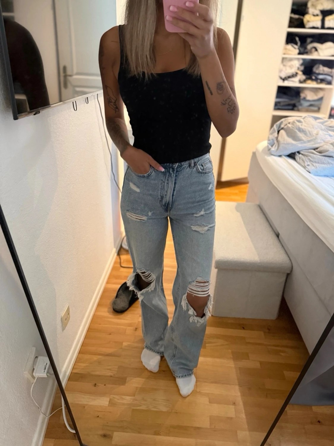 Ljusblå ripped straight leg jeans - 2