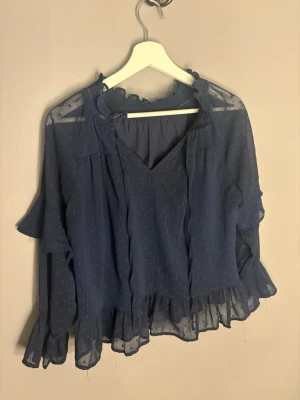 Mörkblå volangblus med prickigt mönster - Söt mörkblå blus i transparent material med små prickar och volangdetaljer vid ärmslut och nederkant. Blusen har lång ärm, v-ringning och en romantisk känsla med rysch runt kragen. Perfekt för dig som gillar en feminin och trendig stil.