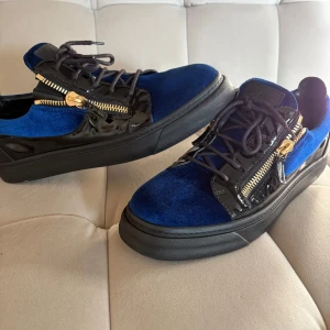 Blå sneakers från Giuseppe Zanotti - Snygga blå sneakers från Giuseppe Zanotti med svarta detaljer och guldfärgade dragkedjor. Skorna har en unik kombination av mocka och skinn, vilket ger dem en lyxig känsla. Perfekta för den som vill sticka ut med stil. Pris går att diskutera vid snabb affär