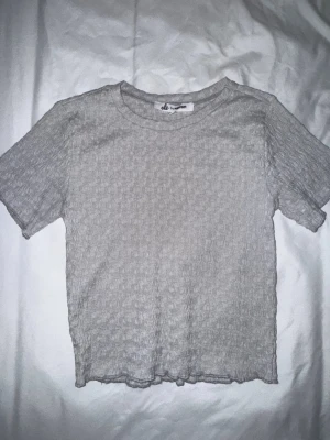 Ljusgrå ribbad topp med kort ärm - Säljer en ljusgrå ribbad topp med korta ärmar och rund hals. Materialet är stretchigt och har en lätt skrynklig struktur som ger en cool look. Perfekt att styla med jeans eller kjol för en avslappnad vibe.