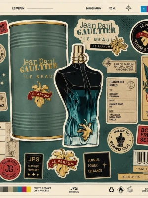 Jean Paul Gaultier Le Beau Le Parfum - Jean Paul Gaultier Le Beau Le Parfum är en eau de parfum i en unik blågrön flaska formad som en manlig torso med gulddetaljer. Kommer i en stilren metalltub med guldtext och röd detalj. Doften har inslag av bergamott, kokos, tonkaböna och sandelträ.