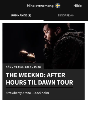 The Weekend konsert biljetter  - Säljer 2 ståbiljetter i Golden Circle till The Weeknds konsert den 9 augusti 2026 på Strawberry Arena i Stockholm . Biljetterna säljs via Ticketmasters officiella Sälj vidare-funktion för samma pris dom är köpte, vilket gör köpet tryggt och säkert. Skriv till mig för mer info. Pris går att diskutera. Köpta för 1900kr/st säljer för 1500kr/st. Pris kan diskuteras