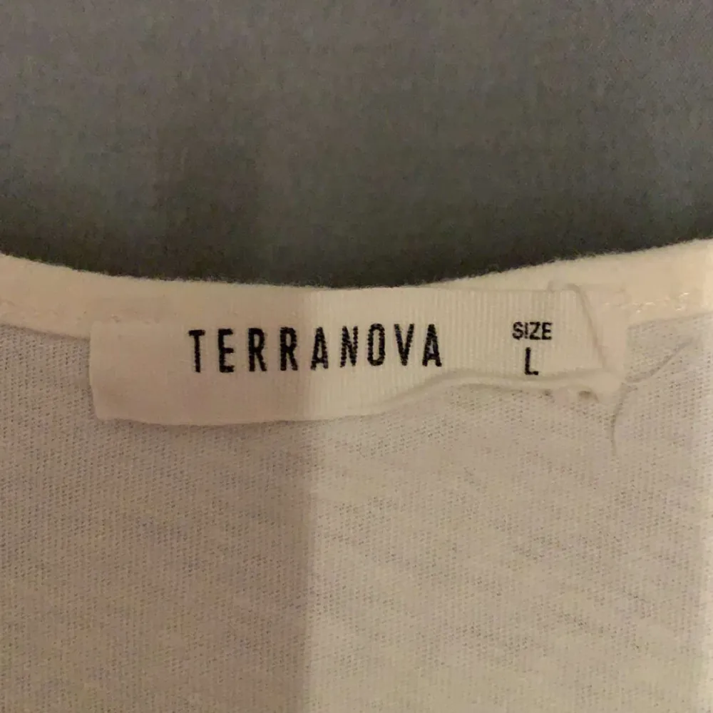 Säljer detta fina lite basic vita linne med spets från Terranova. Perfekt till sommaren och  köpt i italien. Säljer då den inte kommer till användning längre. Är i storleken L men passar även mindre storlekar 🌸. Toppar.