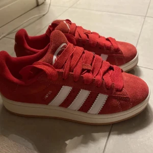 röda adidas campus  - supersnygga röda campus i strl 38 (vita skosnören som har blivit lite färgade av skorna, skriv för bild)  Använda men märks knappast, säljer då de inte kommer till användning🥰🥰  röda skosnören tillkommer inte ❗️‼️