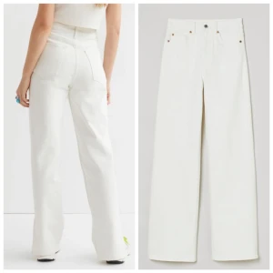 Vita ”Wide High” jeans från H&M - Oanvända vita jeans från H&M i modellen ”wide high, full lenght”. Storlek EU 32. Säljer dem på grund av att de var för små. Köpta på hm.se för 299kr och säljer dem för 150kr.  
