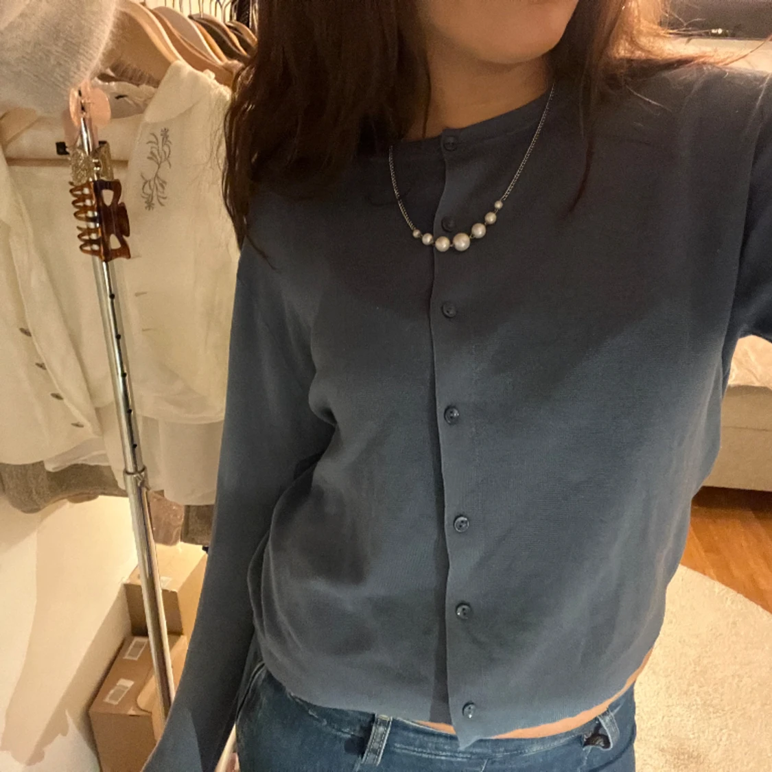 Gråblå cardigan - 90