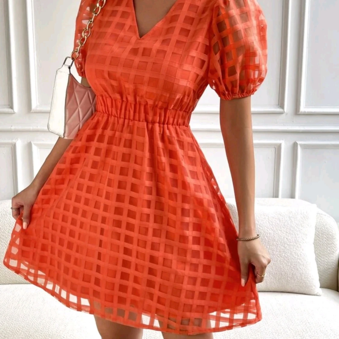Orange kortärmad klänning med rutmönster - 3