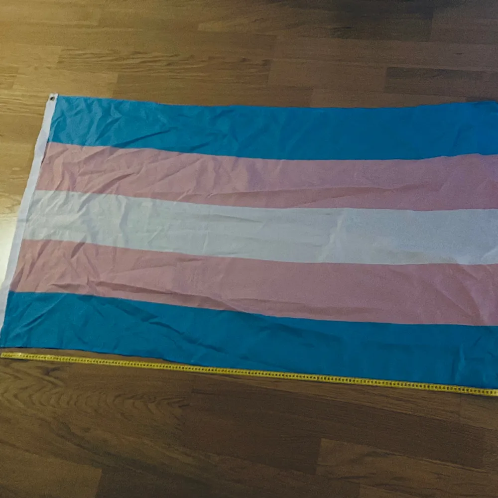 150 cm pride trans flagga  Lite skrynklig eftersom jag inte strykt den, men den är i bra form, blir rak så länge du stryker den :). Övrigt.