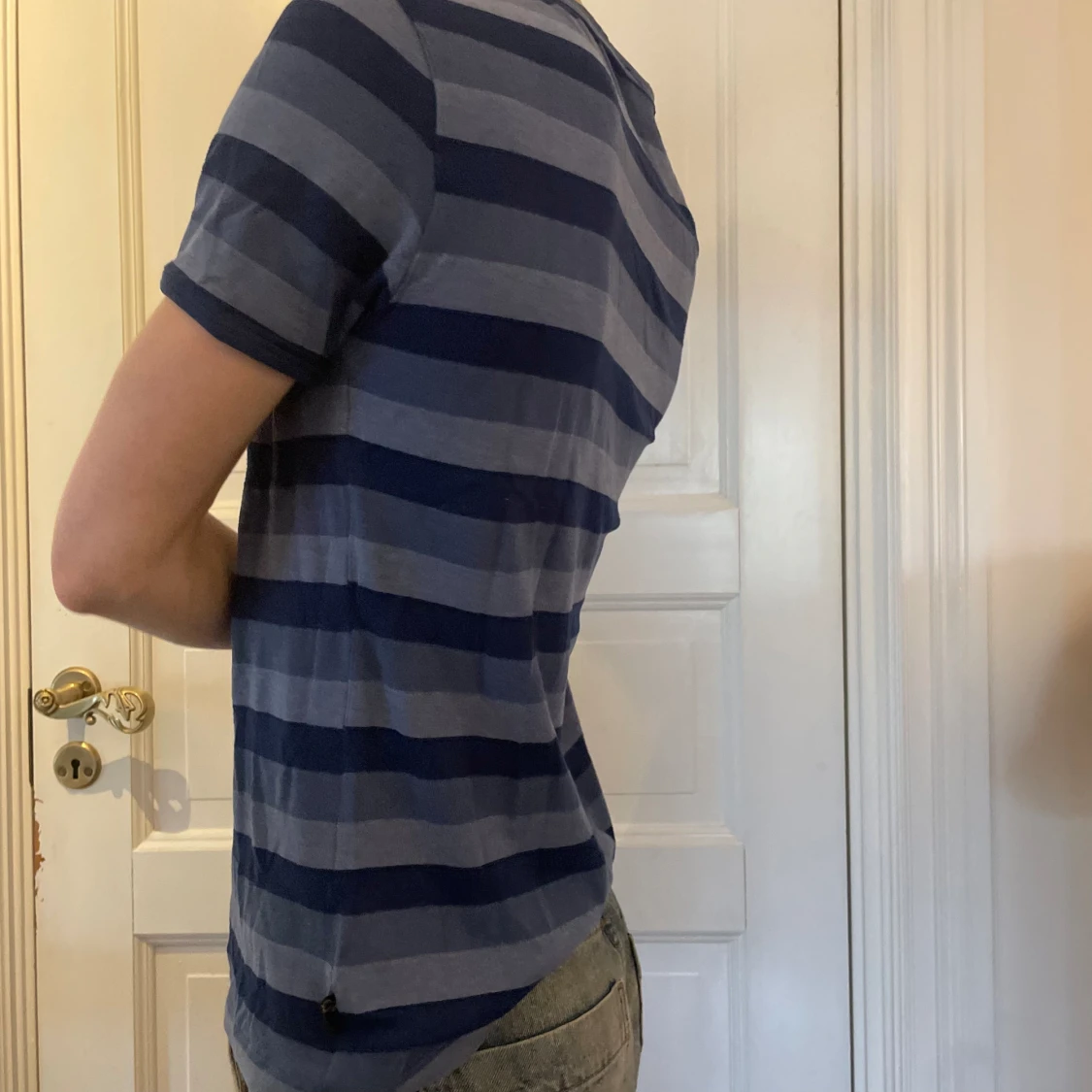 Blå jeansblå marinblå mörkblå t-shirt y2k rosa tryck graphic tee t-shirt - 90