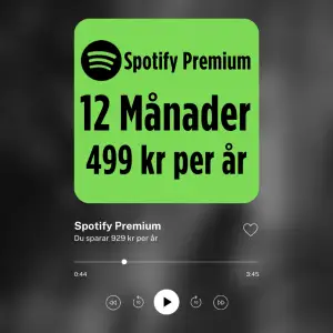 Säljer Spotify Premium 12 månader för endast 499 kr, vilket innebär ett sparande på 929 kr per år!  Du får ett helt nytt konto laddat med 12 månaders Premium. Därav hjälper dig självklart att föra över spellistor om önskas.  Frågor? Skicka ett pm!🎶 