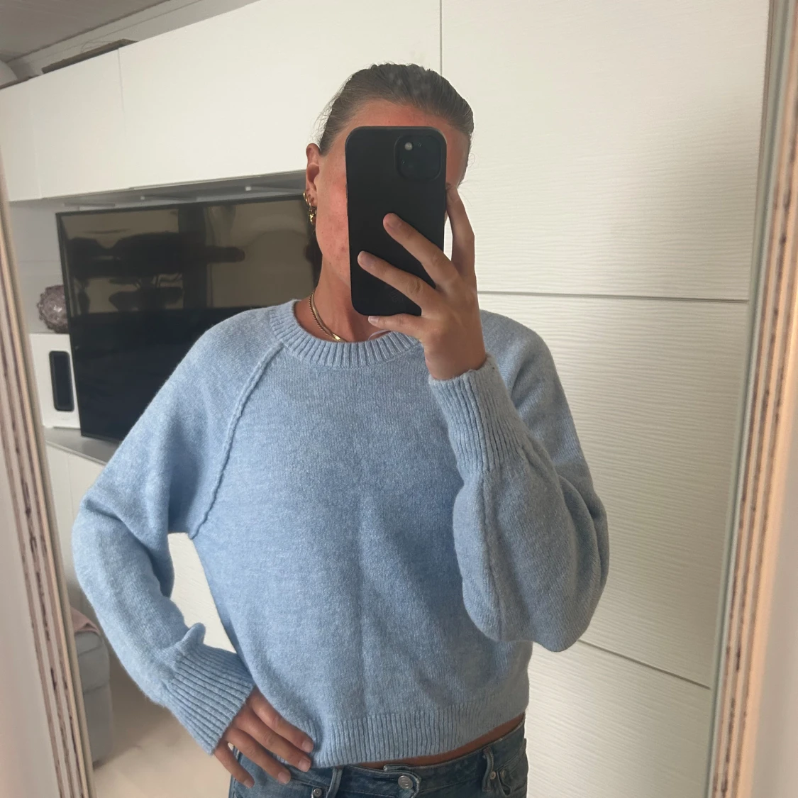 Ljusblå stickad tröja - 90