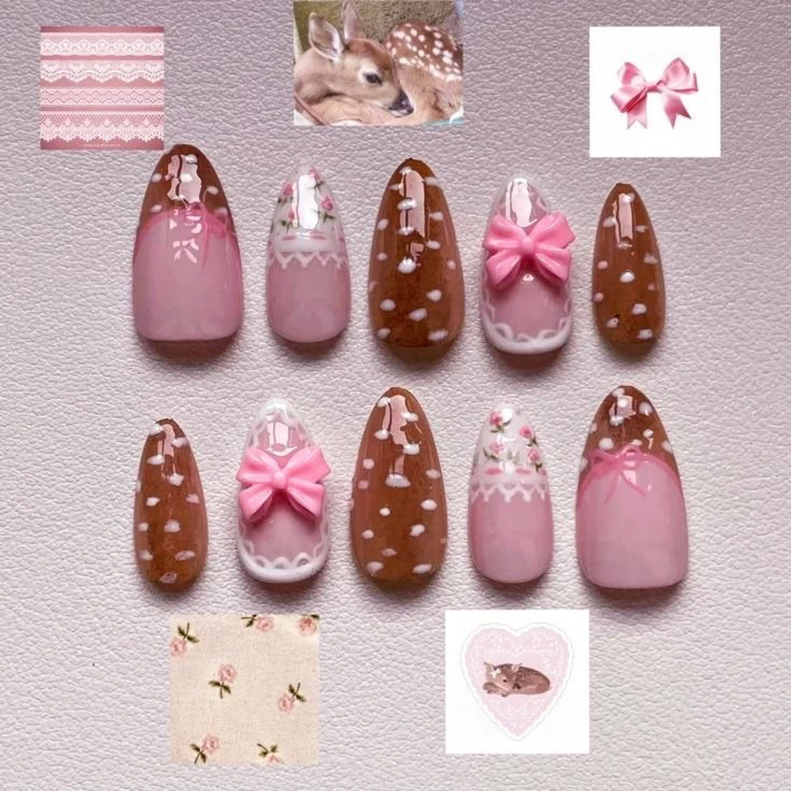 Söta rosa och bruna nageltips med rosetter