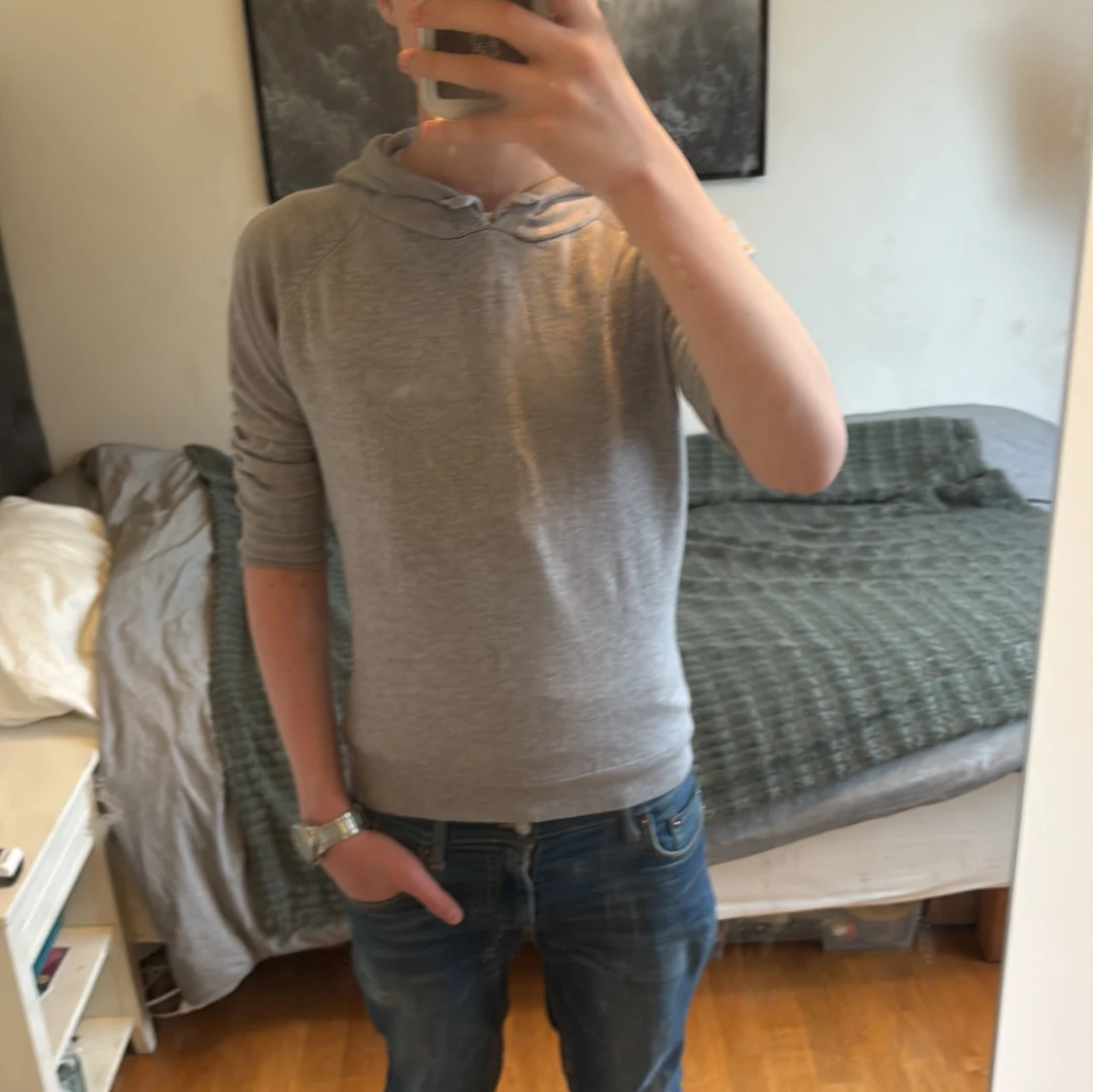 Grå merinoull hoodie - 2