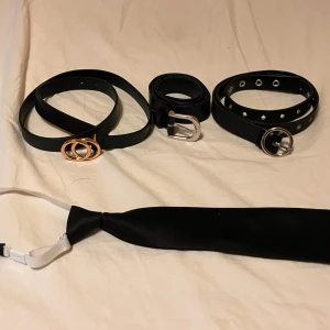 Svarta bälten och en slips - Tre svarta bälten: ett med guldigt dubbelring-spänne, ett med klassiskt silverfärgat spänne och ett med silverfärgade öljetter och rund spänne. Perfekta accessoarer för att lyfta din outfit.