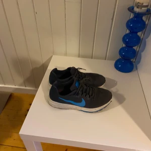Grå och blå Nike sneakers - Säljer ett par grå Nike sneakers med blå detaljer och vit sula. Skorna har snörning och är perfekta för träning eller vardagsbruk. Den klassiska Nike-loggan syns tydligt på sidan i blått.