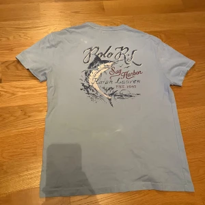 Ralph Lauren T-shirt - Säljer en ljusblå t-shirt från Polo Ralph Lauren med skönt tryck på både bröstet och ryggen. Klassisk passform och rund halsringning. Perfekt för sommaren!