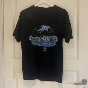 Svart t-shirt med vargmotiv - Cool svart t-shirt med tryck av flera vargar och blixtar i blått och vitt. Motiv på bröstet och rund halsringning. Perfekt för dig som gillar djurmotiv och streetstyle.